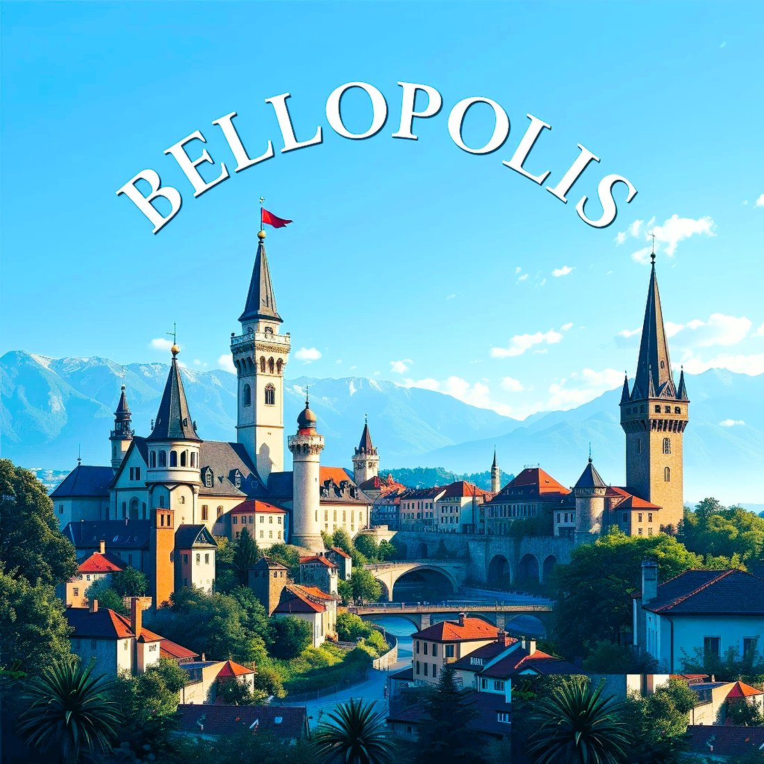 Bellópolis — ilustración de una ciudadela de torres y techos rojizos entre montañas, portal simbólico de la zona cultural de El Belloto
